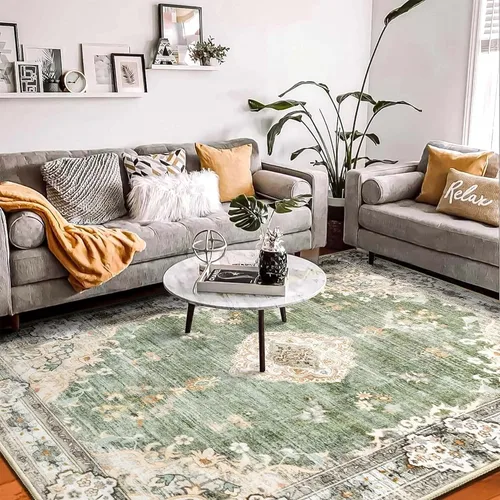 Alfombra Verde MUJOO de 8'x10', Alfombras de Área para Sala de Estar, Alfombras Lavables, Alfombra Grande de Área, Alfombra Boho de Área de 8'x10'