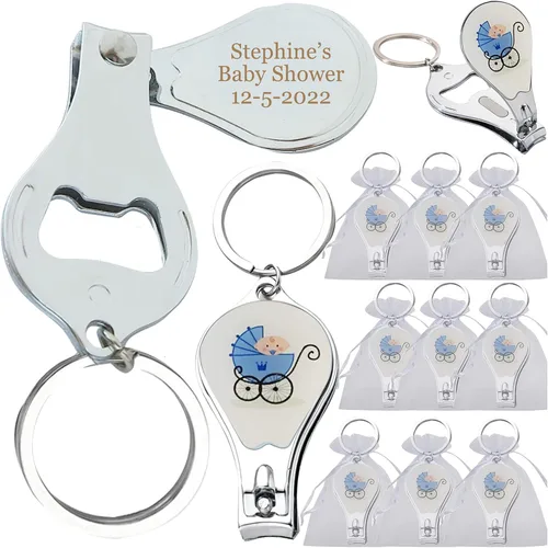 Miniatura 9 de 12 llaveros personalizados para baby shower, color azul niño, cortaúñas y abrebotellas, regalo personalizado con grabado láser (huella)
