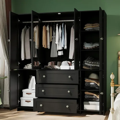 Miniatura 4 de VOWNER Armario de clóset con cajones y espejo, gabinete de almacenamiento de ropa de 71" con barra para colgar, armario de clóset de madera de 6
