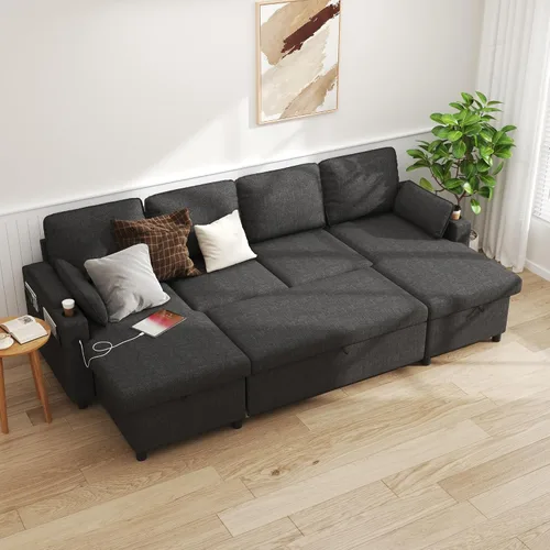 Miniatura 12 de DURASPACE Sofá cama extraíble 2 en 1 sofá cama seccional con almacenamiento, USB, soporte para tazas, sofás seccionales extraíbles para apartamento