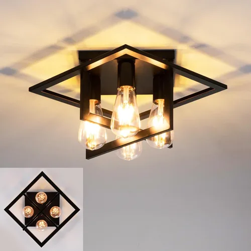 Miniatura 11 de Lámpara de techo semiempotrada, lámpara de techo industrial de 4 luces con marco negro y detalle de grano de madera, iluminación de granja cerca