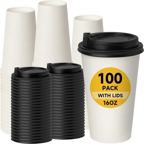 Miniatura 16 de RACETOP Tazas de café de papel de 12 onzas, paquete de 100 tazas de café desechables negras con tapas, tazas de papel caliente con tapas, taza