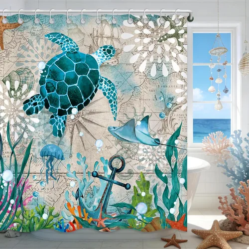 Miniatura 3 de Moutina Cortina de ducha náutica de tortuga marina, decoración de baño con temática oceánica, juego de cortina de ducha costera de playa, 72 x 72