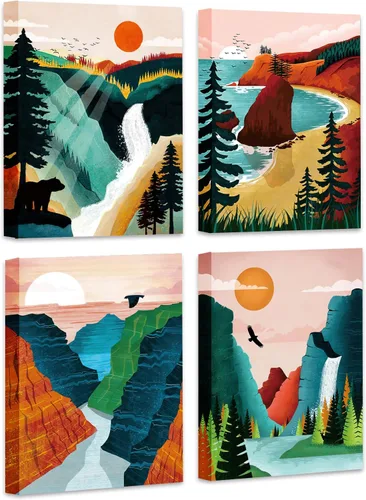 Miniatura 10 de TANXM 4 piezas de arte de pared de bosque a cuadros rojos y negros, impresiones de citas de aventuras salvajes con ciervo, oso lobo, decoración