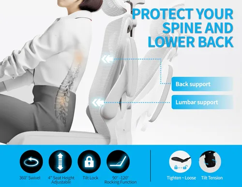 Miniatura 3 de Silla de oficina ergonómica blanca: Silla de escritorio de malla cómoda con soporte lumbar ajustable Silla de juegos de computadora de respaldo alto