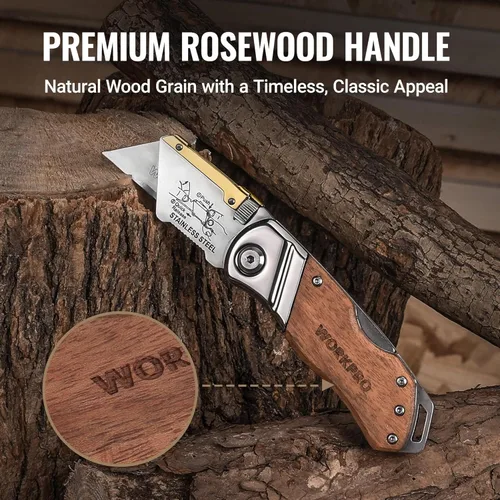 Miniatura 3 de WORKPRO Cuchillo utilitario plegable con clip para cinturón y cuchillas adicionales de 10 piezas, mango de madera, cortador resistente, cambio