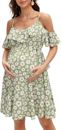 FUNJULY Vestido de lactancia de maternidad para mujer, cuello en V, tirantes delgados, manga con volantes, estampado de margaritas, vestido