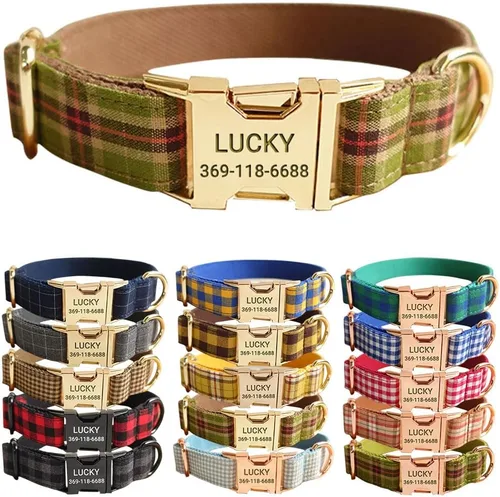 Miniatura 20 de PETDURO Collar de Perro a Cuadros Personalizado Verde Manzana - Nombre y Número de Teléfono Grabados en Hebilla de Metal Oro Rosa - Personalizado