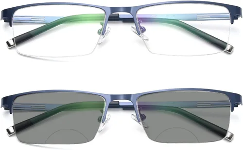 Miniatura 8 de Negocios Casual Hombres Ultraligero Metal Cuadrado Medio Marco Transición Bifocal Lente Gris Gafas de Lectura Presbíopes
