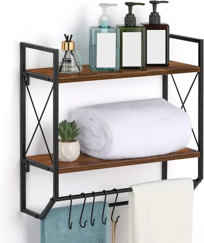 Toallero de baño de 2 niveles con toallero, toallero rústico con estante para almacenamiento de pared con ganchos sobre estante de inodoro, estante