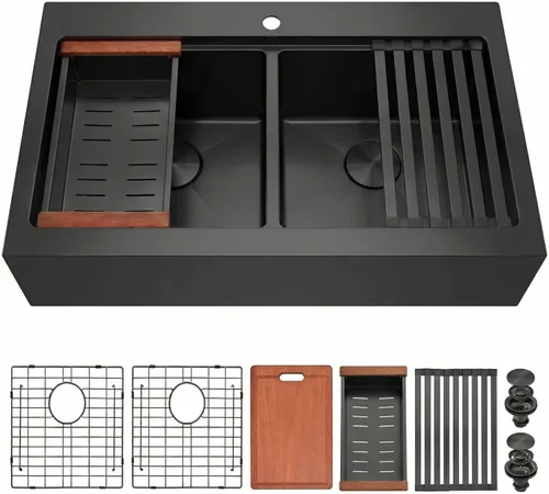 Miniatura 21 de LQS Fregadero de cocina dorado de 32 x 18 pulgadas, fregaderos de cocina empotrados, fregaderos de acero inoxidable de doble tazón 50/50