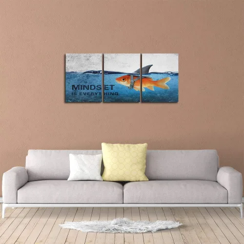 Miniatura 6 de 3 Paneles de Arte de Pared en Lienzo Inspiracional Enmarcado Moderno Pez Dorado Cuerpo Fuerte Corazón de Tiburón La Mentalidad lo es Todo Carteles