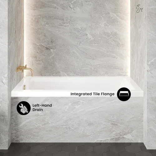 Miniatura 3 de Swiss Madison Voltaire - Bañera independiente de acrílico brillante color blanco de 54" x 30", con nicho, desagüe integral en el lado izquierdo