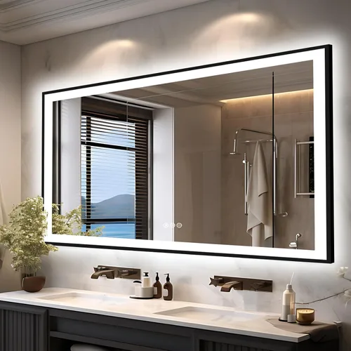 Miniatura 12 de EchosLife Espejos de baño LED de 20 x 28 pulgadas para pared, marco de aluminio negro (frontal y retroiluminado), espejo de tocador antivaho