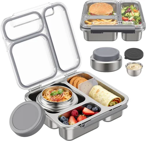Miniatura 7 de Pawtong Caja Bento de Acero Inoxidable para Niños y Adultos con Frasco de Comida Aislado de 7 oz, Caja de Almuerzo de Metal con Tapa Transparente
