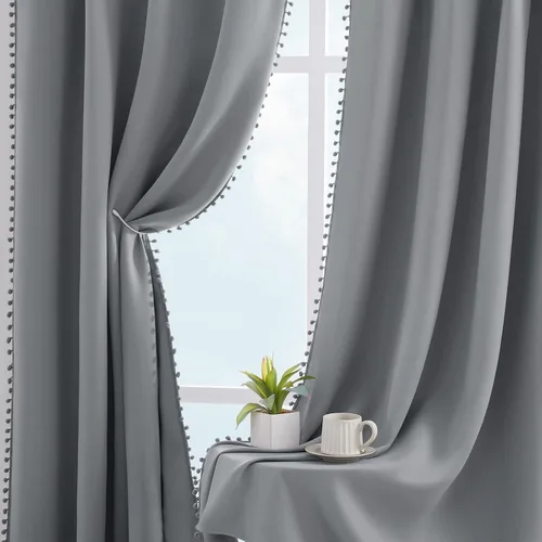 Miniatura 7 de HOMEIDEAS Cortinas opacas con pompones grises de 52 x 63 pulgadas de largo, con ojales, para oscurecer la habitación, 2 paneles para dormitorio