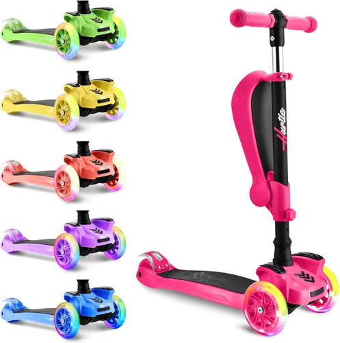 Miniatura 2 de Hurtle Patinete de 3 ruedas para niños, luces LED de ruedas, manubrio ajustable de inclinación para dirigir y asiento plegable, paseo sentado