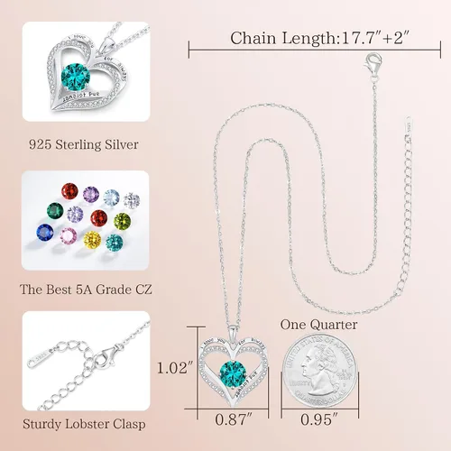 Miniatura 22 de LOUISA SECRET Love Heart Birthstone Necklaces for Women, Birthday Gift for Women, Anniversary Jewelry for Wife Her, 925 Sterling Silver Pendant