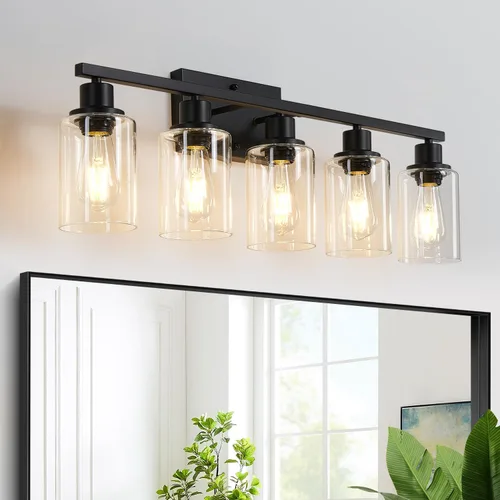 Miniatura 22 de MOKATNG Juego de 2 apliques de pared para baño, luces de tocador modernas negras con pantalla de vidrio blanco, lámpara de pared de baño