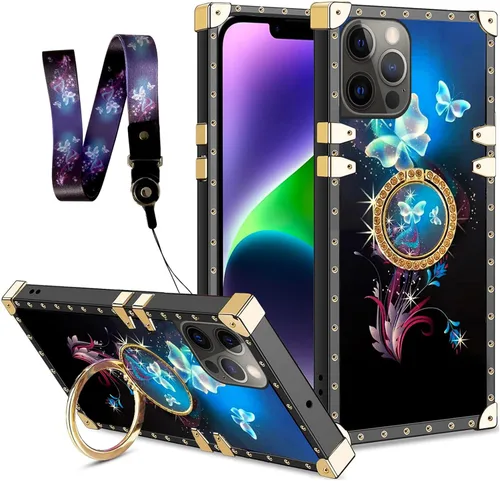 Miniatura 19 de nancheng Funda para iPhone 15, diseño de flor de mariposa azul, TPU suave, a prueba de golpes, con soporte de anillo y cordón a juego, elegante