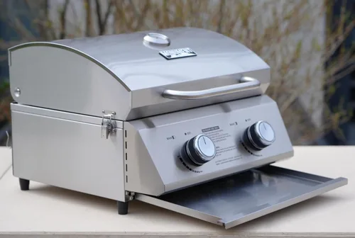 Miniatura 11 de Monument Grills Parrilla de gas propano de mesa para acampar al aire libre portátil cocinar con cerraduras de viaje, tapa alta de acero inoxidable