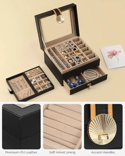 Miniatura 4 de Hzuaneri Joyero de 3 capas, organizador de joyas con tapa de vidrio, 1 soporte individual para joyas, 1 cajón, estuche de joyería de piel sintética
