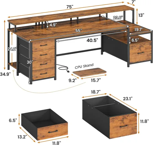 Miniatura 2 de SEDETA Escritorio para oficina en casa con cajón de archivos y toma de corriente, escritorio grande para computadora de 75' con 5 cajones, estantes
