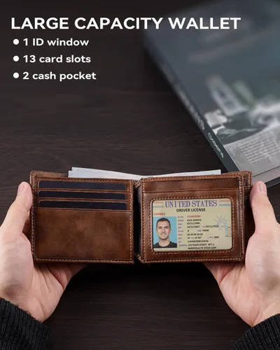 Miniatura 10 de Swallowmall Cartera de piel con bloqueo Rfid para hombre, billetera plegable con tarjeta extraíble, 2 ventanas para identificación, 10 ranuras