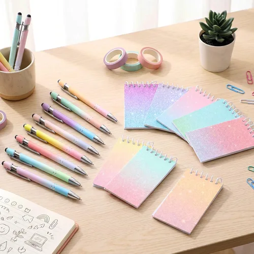 Miniatura 6 de Sherr Juego de 16 bolígrafos y cuadernos con purpurina, mini bloc de notas en espiral, bolígrafos elegantes para niños y niñas, lentejuelas