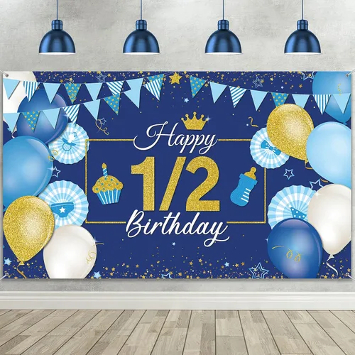 Tatuo Decoración de fondo de cumpleaños de 1/2, 72.8 x 43.3 pulgadas, pancarta azul y dorada de medio año, suministros de fiesta de cumpleaños de 6