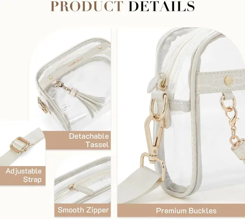Miniatura 5 de Missnine Bolsa transparente – Bolso pequeño aprobado por estadios para mujer – Bolsa cruzada para conciertos y eventos deportivos Cocodrilo blanco