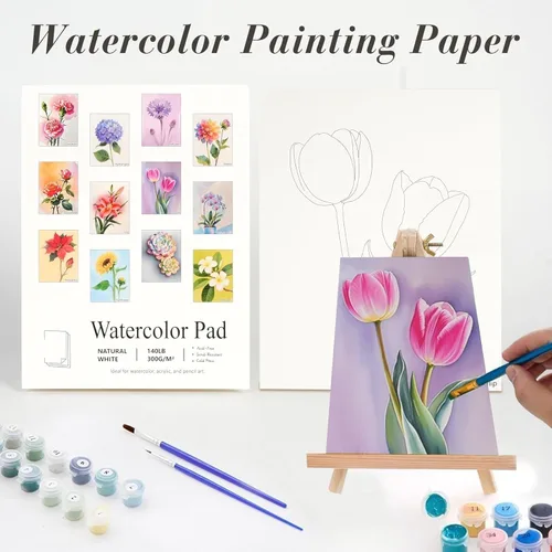 Miniatura 5 de RGBMIX Libro de papel de acuarela de 12 hojas con flores, 6x8'' Papel para acuarela, bloc de papel para colorear, pintura para alivio del estrés