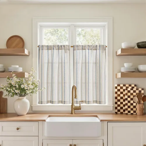 Miniatura 44 de jinchan - Cortinas de lino a rayas para cocina de 20 pulgadas de largo, cortinas de varios niveles, estilo granja moderna de café, tratamientos