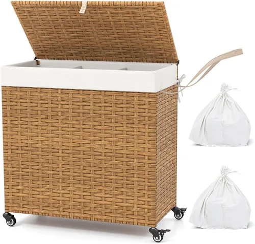 Miniatura 10 de GOFLAME Cesta de lavandería con tapa y ruedas, cesta de ratán tejida a mano de 125 litros con 3 secciones divididas, asas, 2 bolsas extraíbles