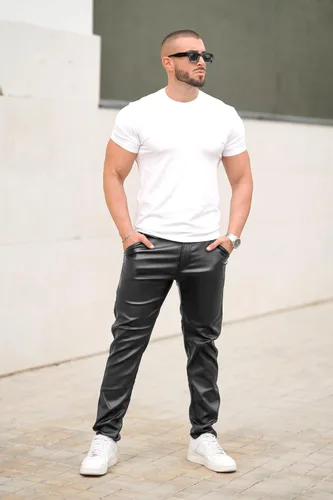 Miniatura 5 de GINGTTO Pantalones de cuero para hombre, pantalones de discoteca ajustados para hombre elásticos