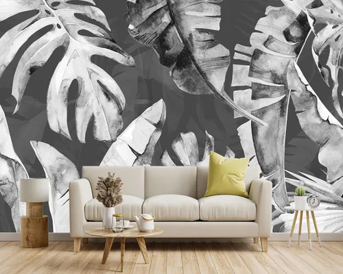Miniatura 2 de Papel tapiz de tela de hoja de plátano gris botánico tropical para sala de estar, dormitorio, baño, planta mural de pared grande - 137 x 96 pulgadas