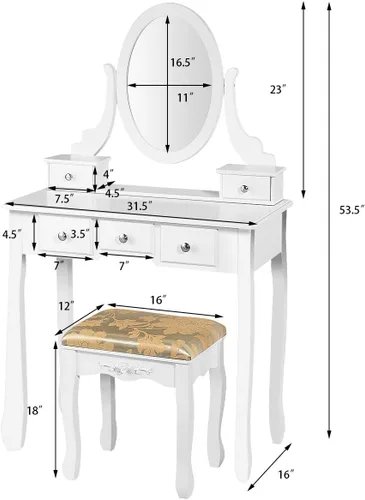 Miniatura 7 de CHARMAID Set de tocador con espejo ovalado giratorio, mesa de maquillaje para dormitorio con 5 cajones para mujeres y niñas, tocador con taburete