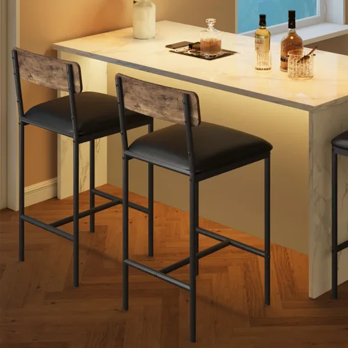 Amyove Juego de 2 taburetes de bar, sillas de bar tapizadas con respaldo, taburetes de cocina de 25.5 pulgadas con reposapiés, cojín grueso, Marrón
