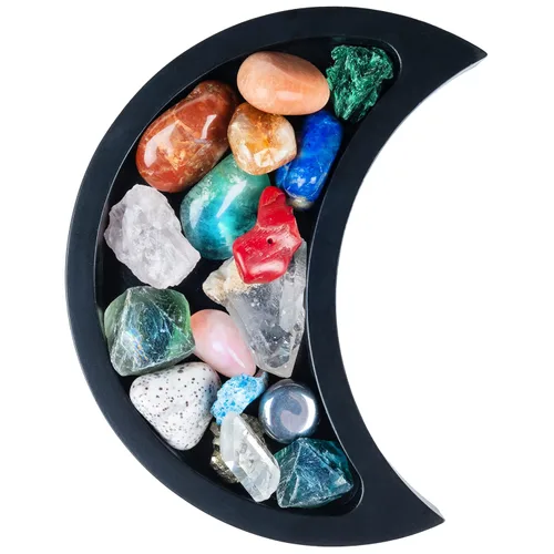 Miniatura 9 de Bandeja de luna creciente – Muestra tus gemas, piedras curativas y tesoros – Bandeja de exhibición de cristal de madera de 6 x 3 pulgadas, soporte