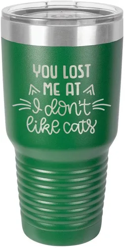 Miniatura 15 de Taza de viaje de acero inoxidable grabada con pajita y tapa superior deslizante, con texto en inglés "You LOST ME AT I DON'T LIKE CATS" Púrpura claro