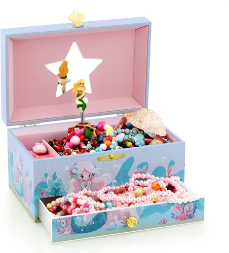 Miniatura 33 de RR ROUND RICH DESIGN - Joyero musical para niñas con cajón y juego de joyas con tema de bailarina, melodía de “El lago de los cisnes”, color rosado