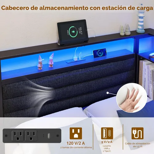 Miniatura 4 de OURPIC Marco de cama esquinero con estantería de almacenamiento y luces LED, marcos de cama de tamaño individual con cabecera tapizada y estación