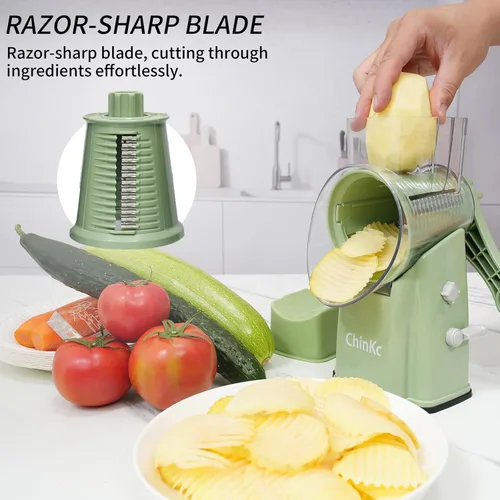 Miniatura 6 de Rallador rotativo de queso mejorado con asa, base de succión fuerte, rebanador giratorio multiusos con 5 cuchillas intercambiables para hielo, Verde