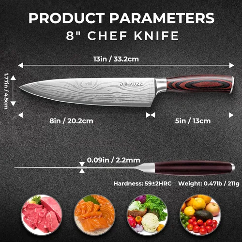 Miniatura 2 de DiiHAUZZ Cuchillo de chef de 8 pulgadas, cuchillo de cocina ultra afilado en acero inoxidable de alto carbono para chefs profesionales y caseros