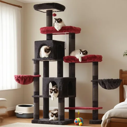 Miniatura 10 de Hey-brother - Árbol rascador para gatos con torre, postes rascadores con parte extendida, plataformas anchas, acogedores condominios, hamacas