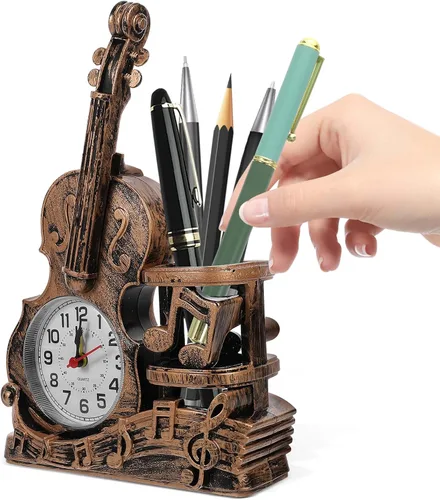 Miniatura 2 de Garneck Portalápices para violín Decoraciones para Salas De Casa Librería Estante Modelo Violín Figuras Papelería Madera Portalápices Hierro