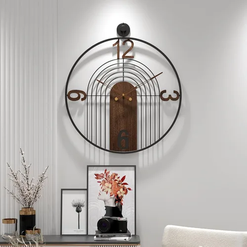 Miniatura 6 de Reloj de Pared Moderno Grande con Esfera de Nogal, Marco de Madera y Metal, Relojes de Pared Silenciosos Sin Tic Tac, Decoración para Sala de Estar