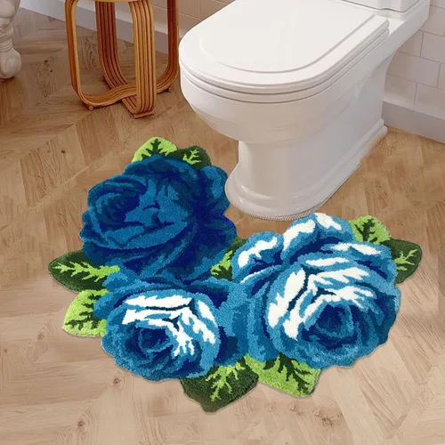 Miniatura 6 de Alfombrilla Abreeze con 4 rosas, alfombrillas con diseño de flores azul, hecha a mano, antideslizante (no se desliza), alfombrilla moderna, de puede