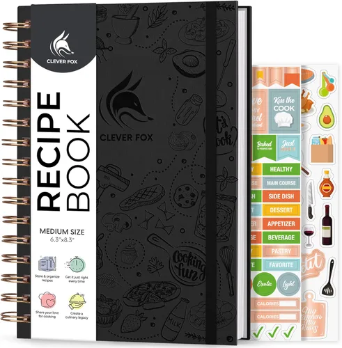 Clever Fox Libro de recetas en espiral, haz tu propio libro de cocina familiar, organizador de cuadernos de recetas en blanco, diario de cocina Negro
