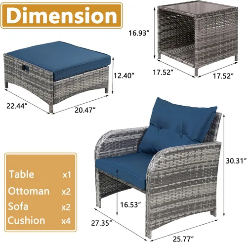 Miniatura 4 de Sillas de mimbre para patio al aire libre de 5 piezas con otomanas, juego de conversación de ratán PE para todo tipo de clima, juego de muebles